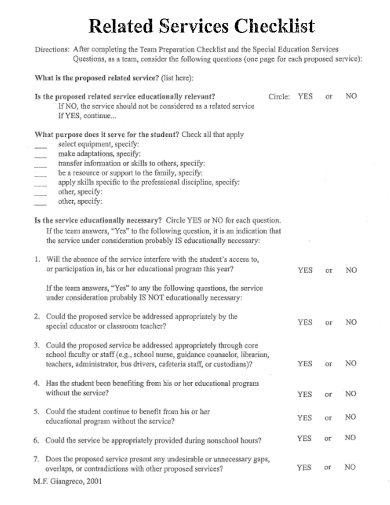 sample related services checklist template