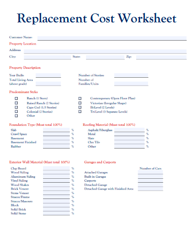 sample replacement cost worksheet template