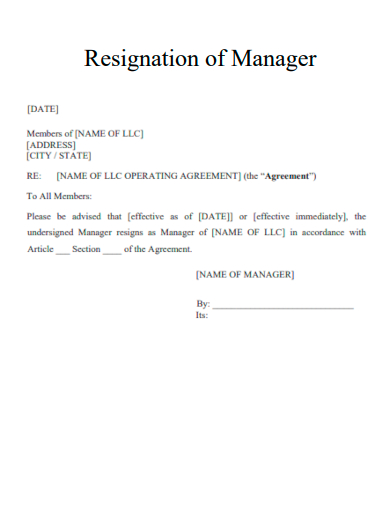 sample resignation of manager template