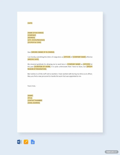 sample resignation of officer template