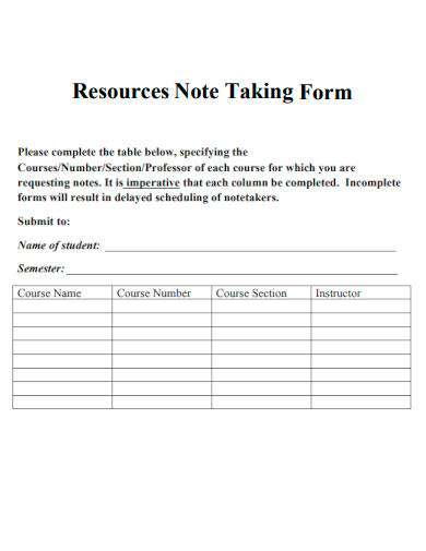 sample resources note taking form template