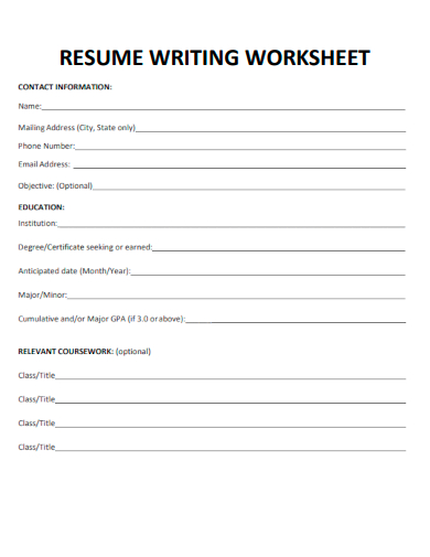 sample resume writing worksheet template