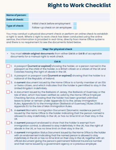 sample right to work checklist template