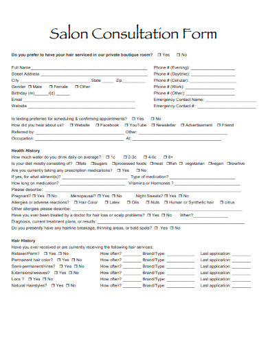 sample salon consultation form template