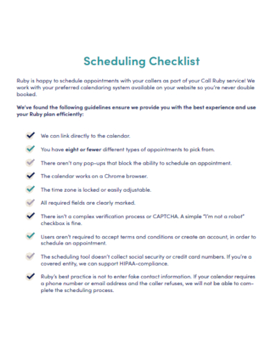 sample scheduling checklist