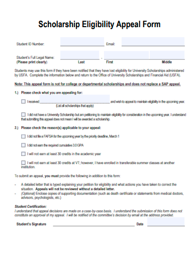 sample scholarship eligibility appeal form template