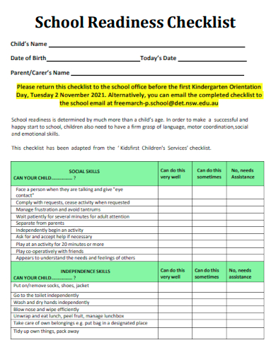 sample school readiness checklist template
