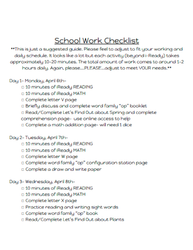 sample school work checklist template