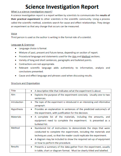 sample science investigation report template