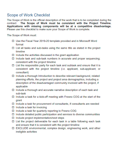 sample scope of work checklist template