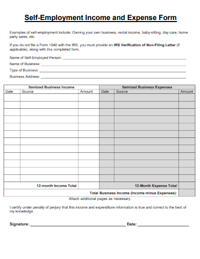 sample self employment income and expense form template