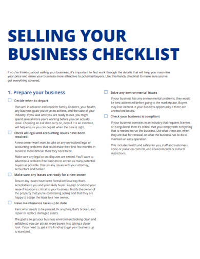 sample selling your business checklist templates