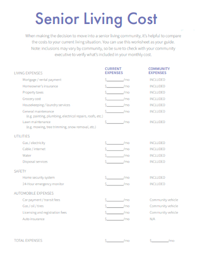 sample senior living cost worksheet template