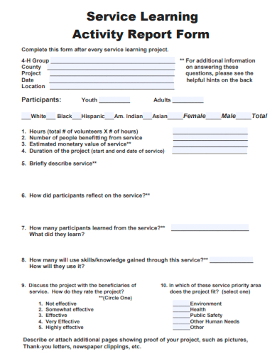 sample service learning activity report template