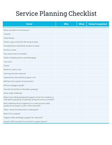 sample service planning checklist template