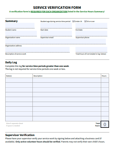sample service verification form template
