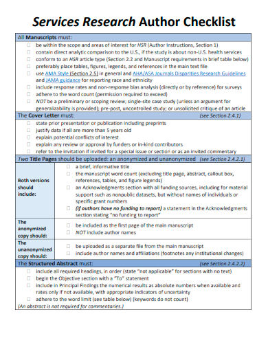sample services research author checklist template