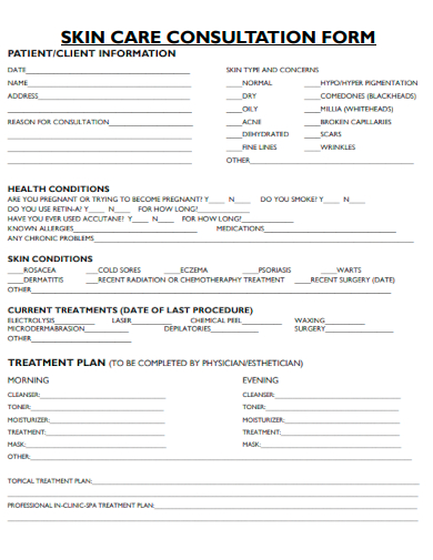 sample skin care consultation form template