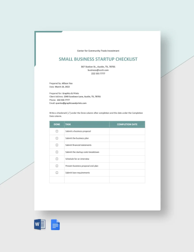 sample small business startup checklist template