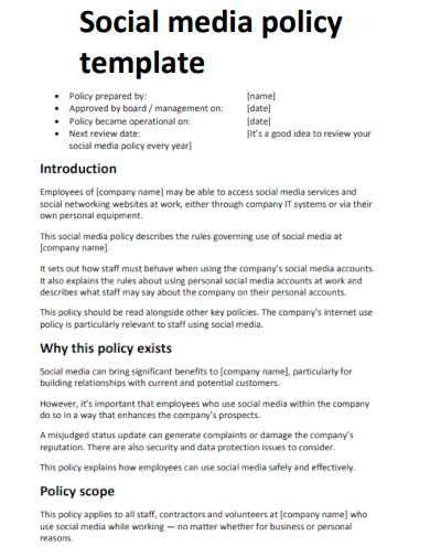 sample social media work policy template