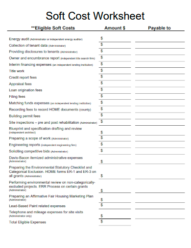 sample soft cost worksheet template