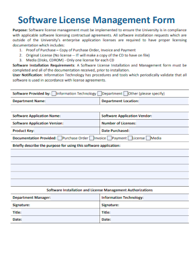 sample software license management form template