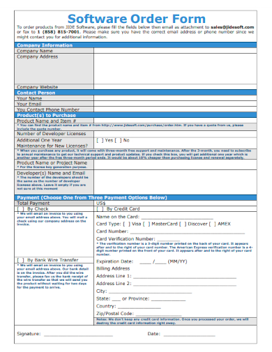 sample software order form template
