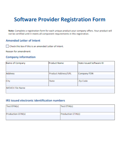 sample software provider registration form template