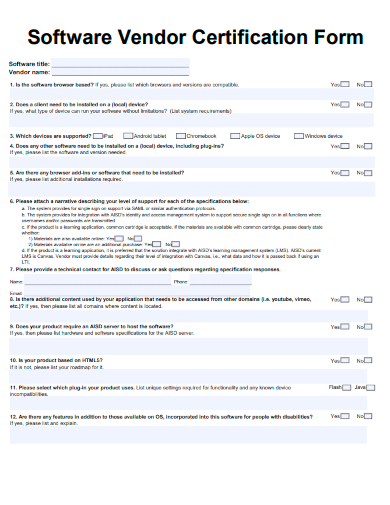 sample software vendor certification form template