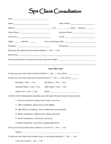 sample spa client consultation form template
