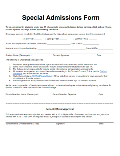 sample special admission form template