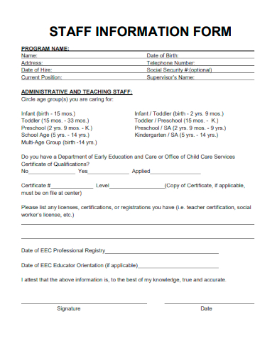 sample staff information form template