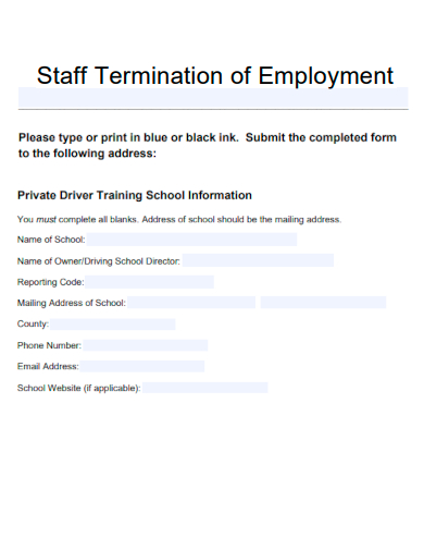 sample staff termination of employment template