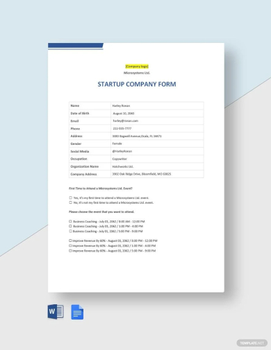 sample startup company form template
