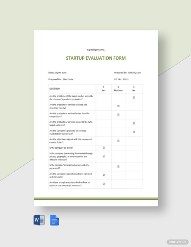 sample startup evaluation form template
