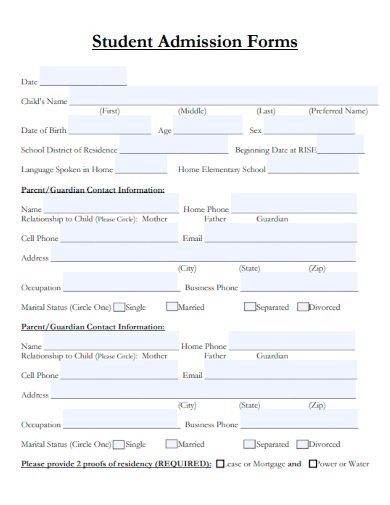 sample student admission form template