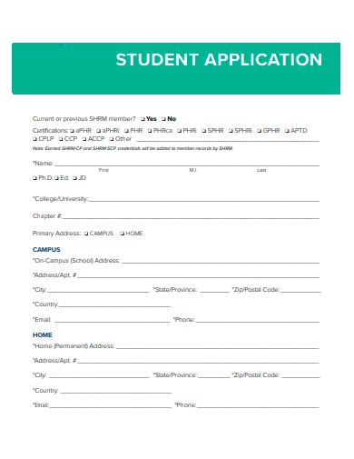sample student application template