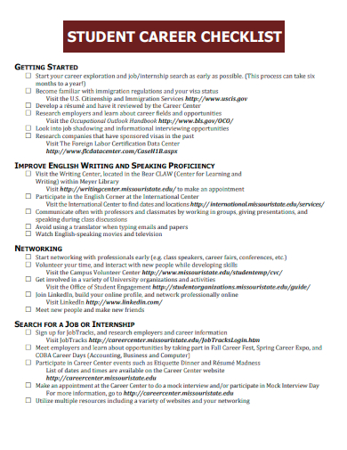 sample student career checklist template