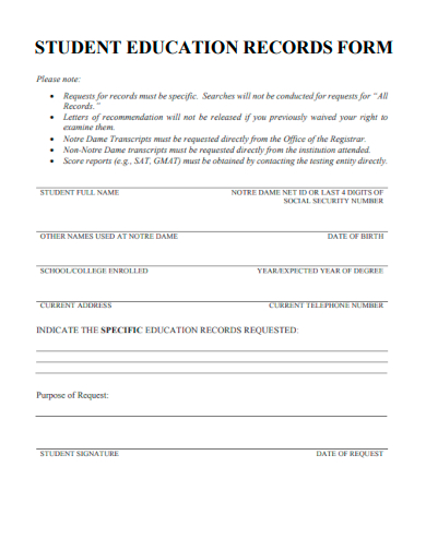 sample student education record form template