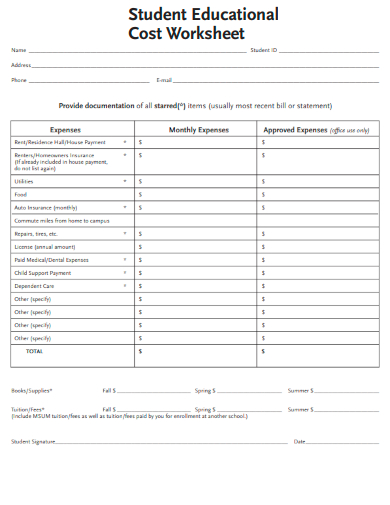 sample student educational cost worksheet template