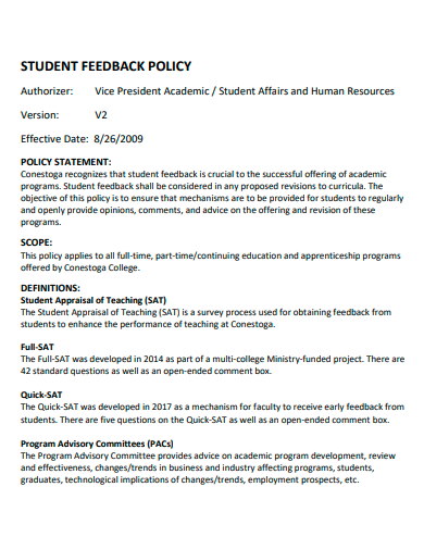 sample student feedback policy template