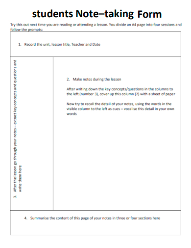 sample students note taking form template