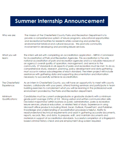 sample summer internship announcement template