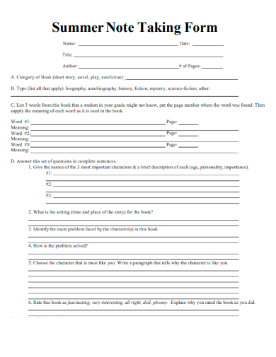 sample summer note taking form template