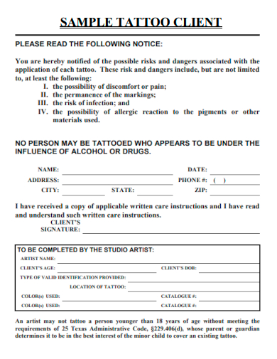 sample tattoo client form template