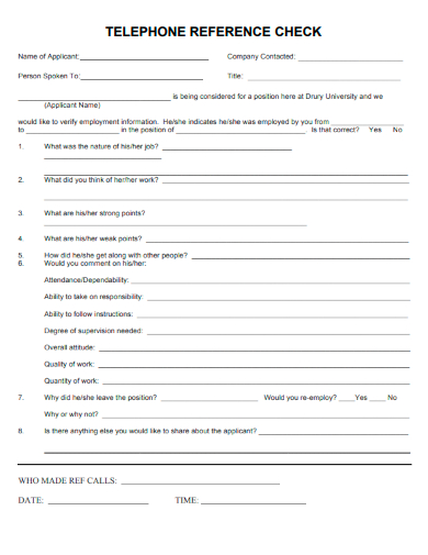 sample telephone reference check form template