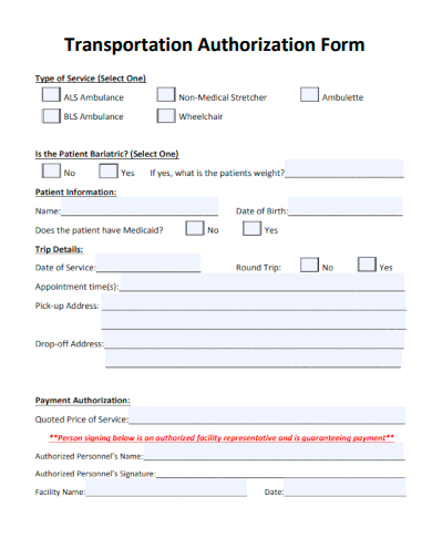 sample transportation authorization form template