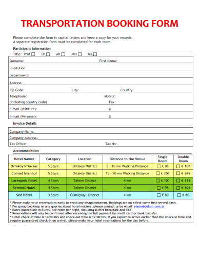 sample transportation booking form template