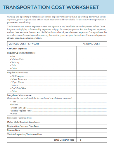 sample transportation cost worksheet template