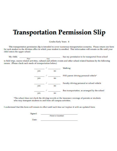 sample transportation permission slip form template